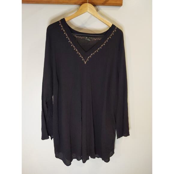 EDDIE BAUER Women's Black Long Sleeve Top 4X Embroidered Neckline Cotton - Picture 1 of 8